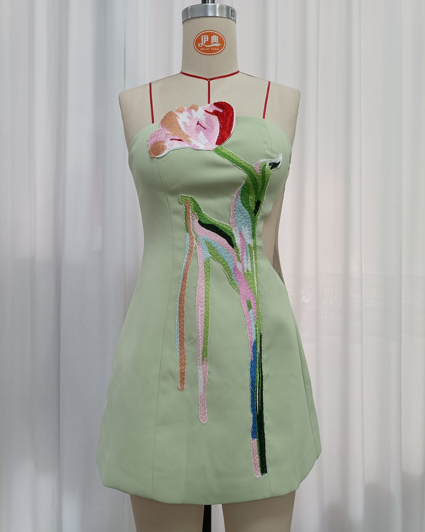 Green Off Shoulder Big Tulip Embroidery Mini Dress