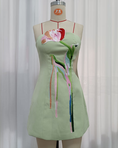 Green Off Shoulder Big Tulip Embroidery Mini Dress
