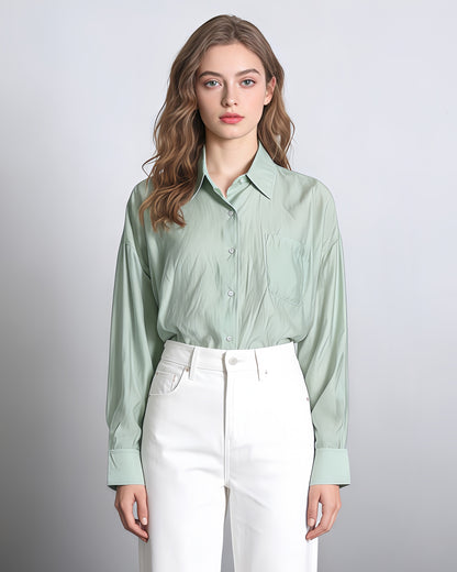 Green Oversized Solid Button-Down Shirt