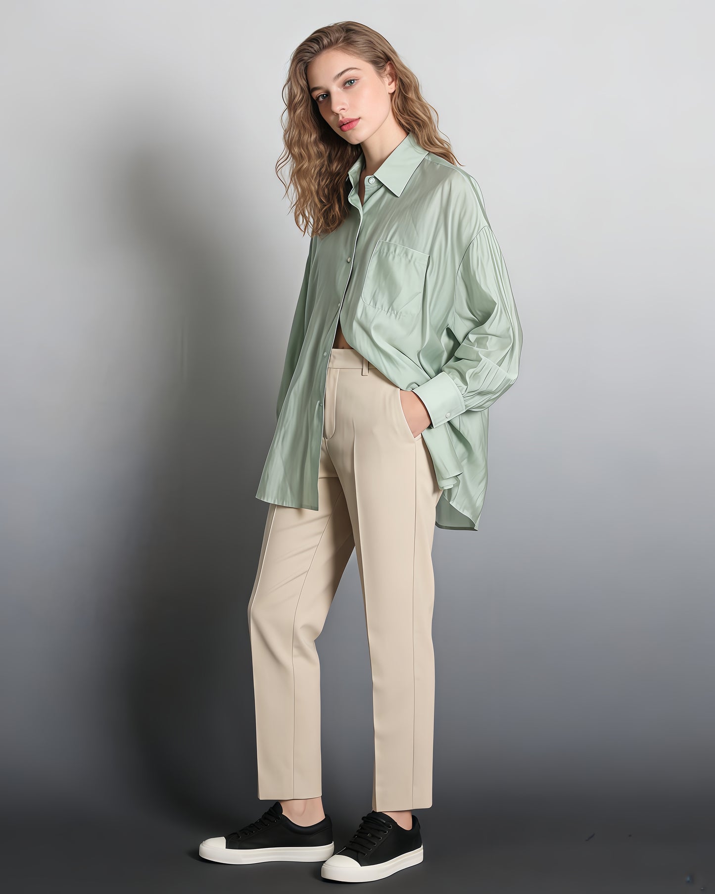 Green Oversized Solid Button-Down Shirt