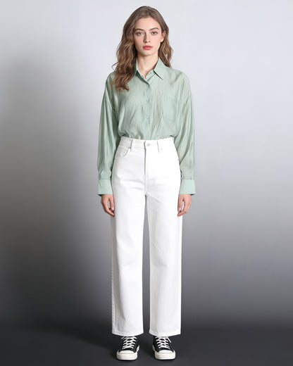 Green Oversized Solid Button-Down Shirt