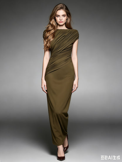 Green Pleated One-Shoulder Mermaid Evening Gown