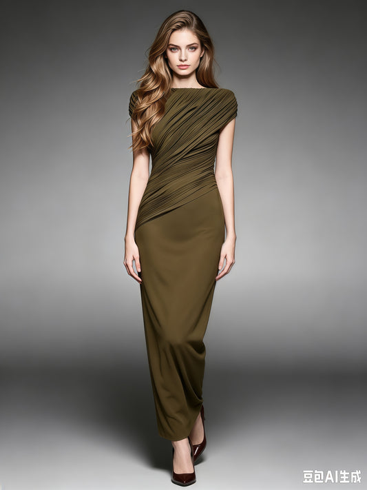 Green Pleated One-Shoulder Mermaid Evening Gown