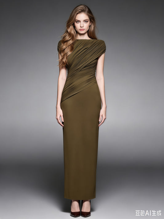 Green Pleated One-Shoulder Mermaid Evening Gown
