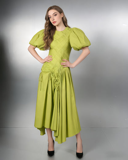 Green Puff Sleeve Ruched Midi Dress
