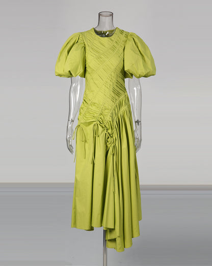 Green Puff Sleeve Ruched Midi Dress