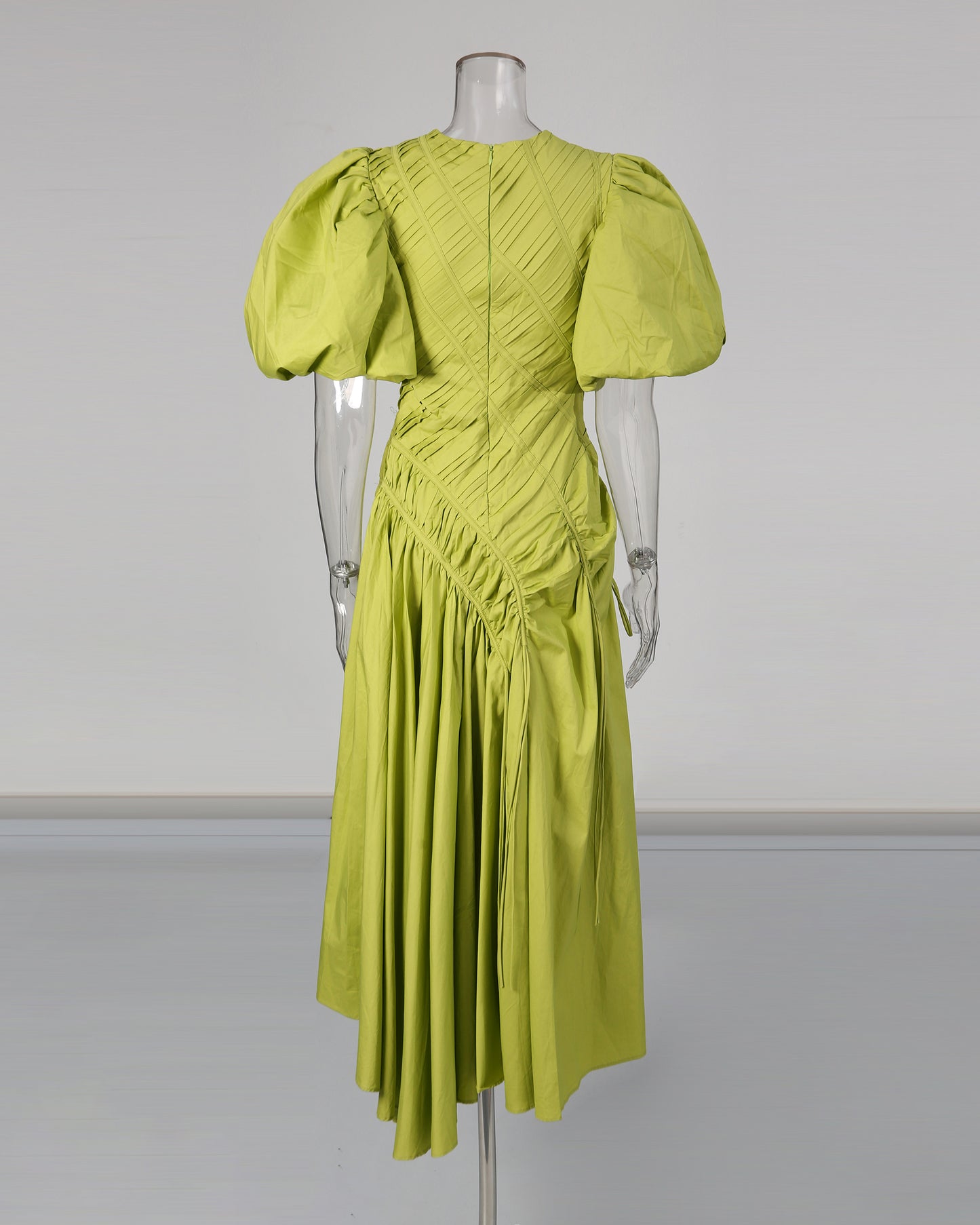 Green Puff Sleeve Ruched Midi Dress