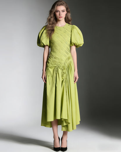 Green Puff Sleeve Ruched Midi Dress