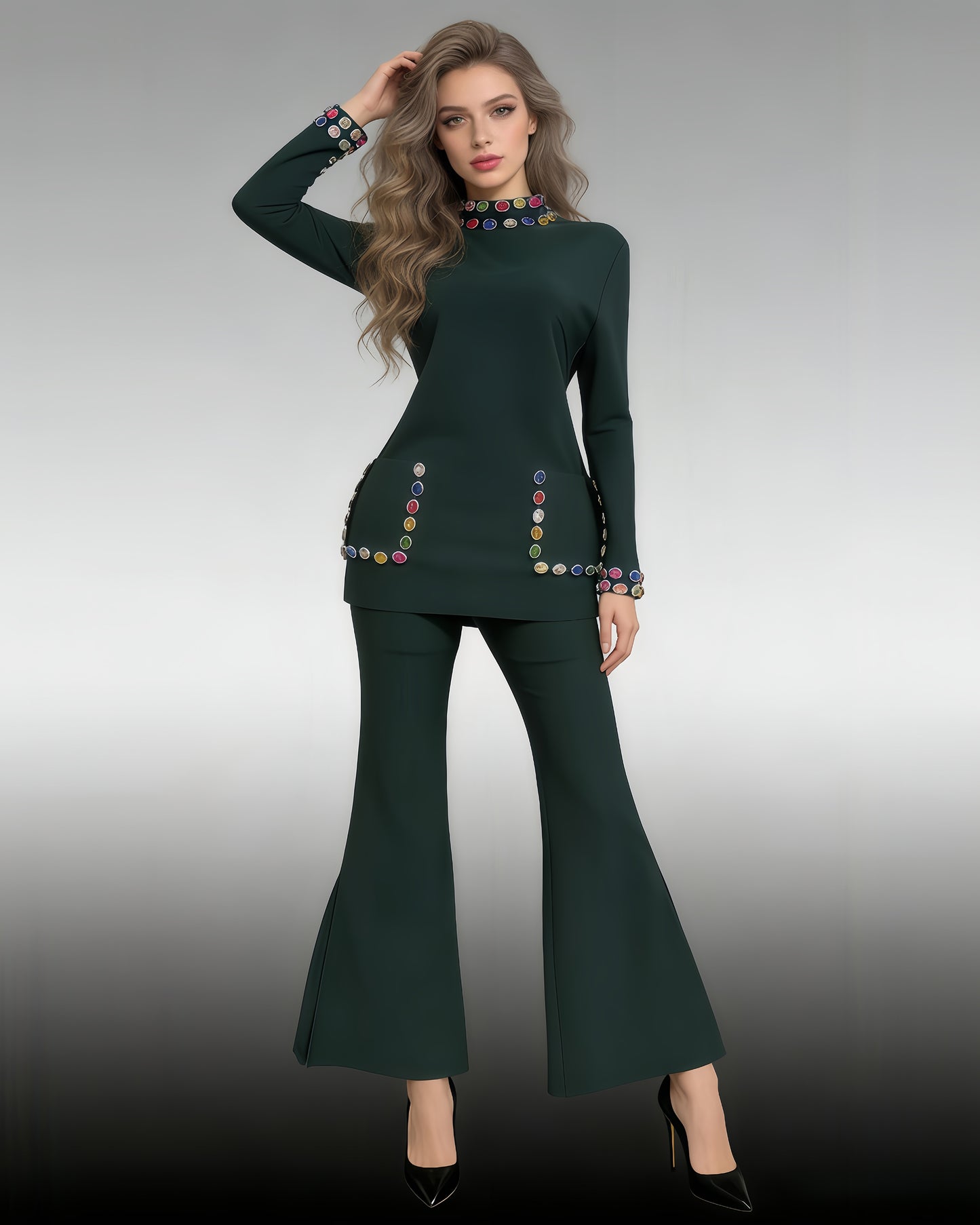 Green Rhinestone Fitted Flared Pants Two-Piece Set