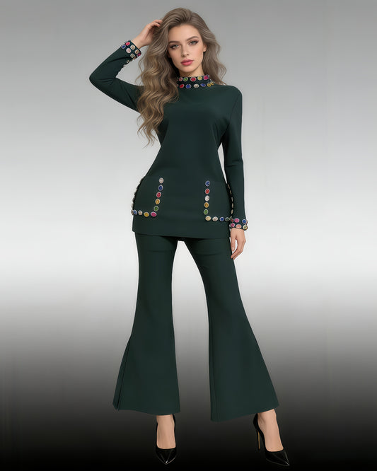 Green Rhinestone Fitted Flared Pants Two-Piece Set