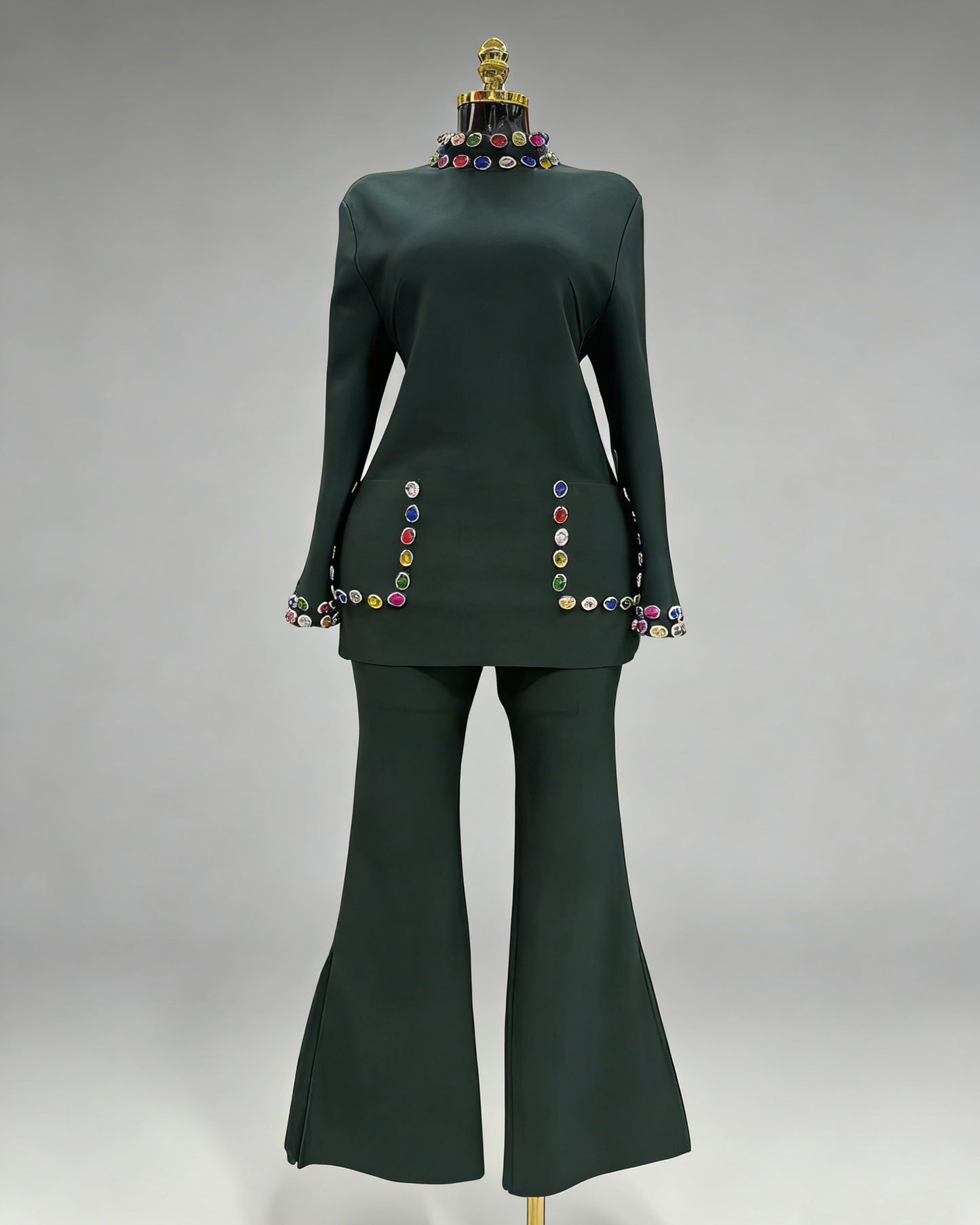 Green Rhinestone Fitted Flared Pants Two-Piece Set