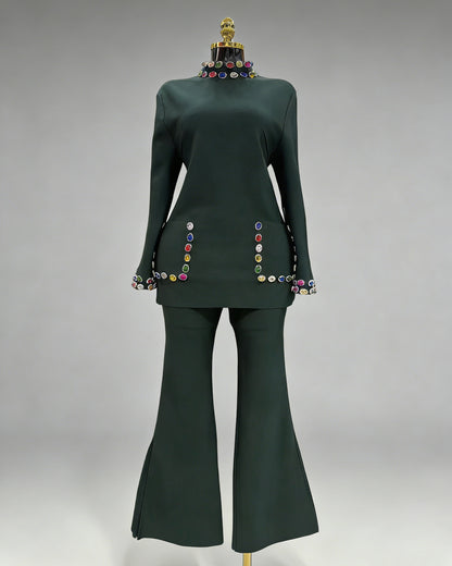 Green Rhinestone Fitted Flared Pants Two-Piece Set