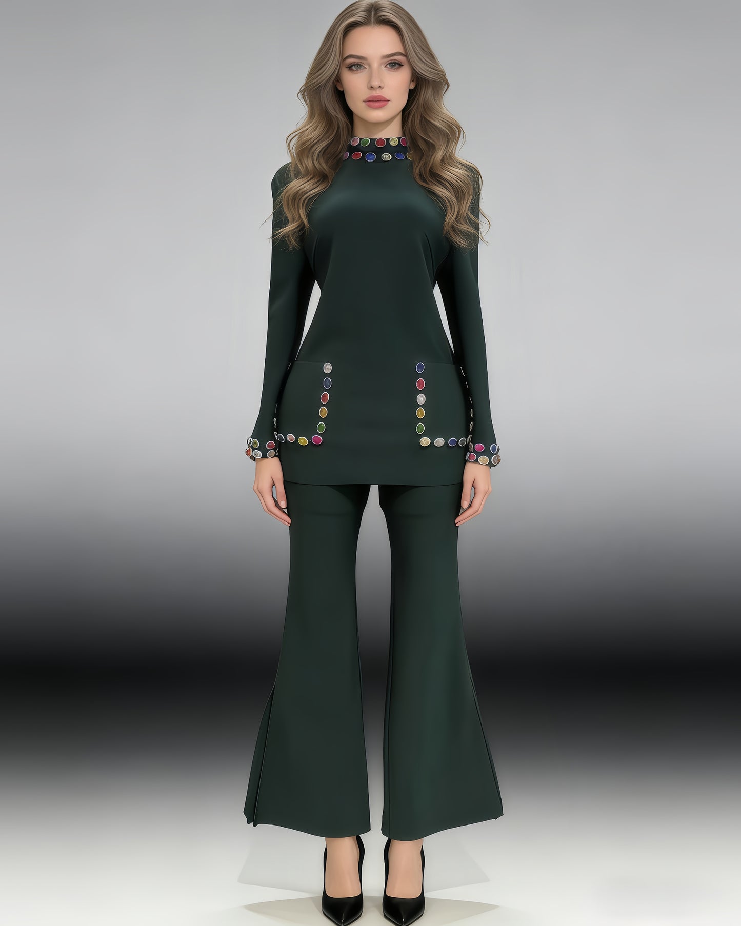 Green Rhinestone Fitted Flared Pants Two-Piece Set