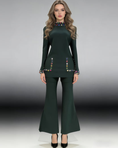 Green Rhinestone Fitted Flared Pants Two-Piece Set