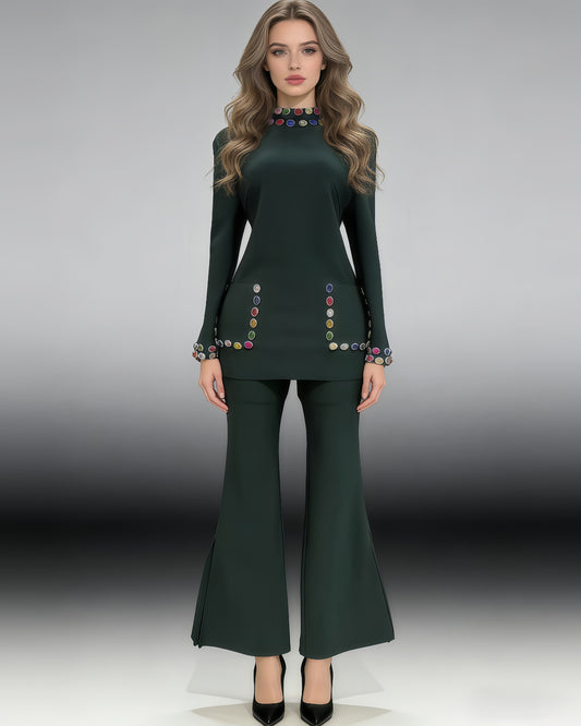 Green Rhinestone Fitted Flared Pants Two-Piece Set