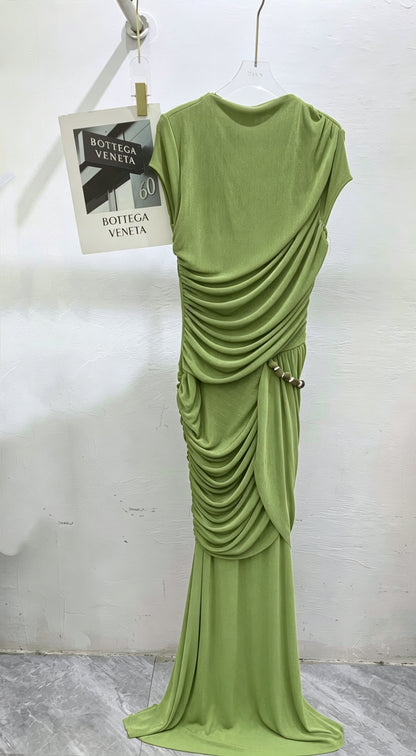 Green Round Neck Ruched Woven Dress