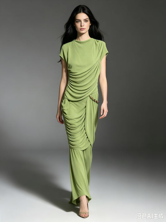 Green Round Neck Ruched Woven Dress