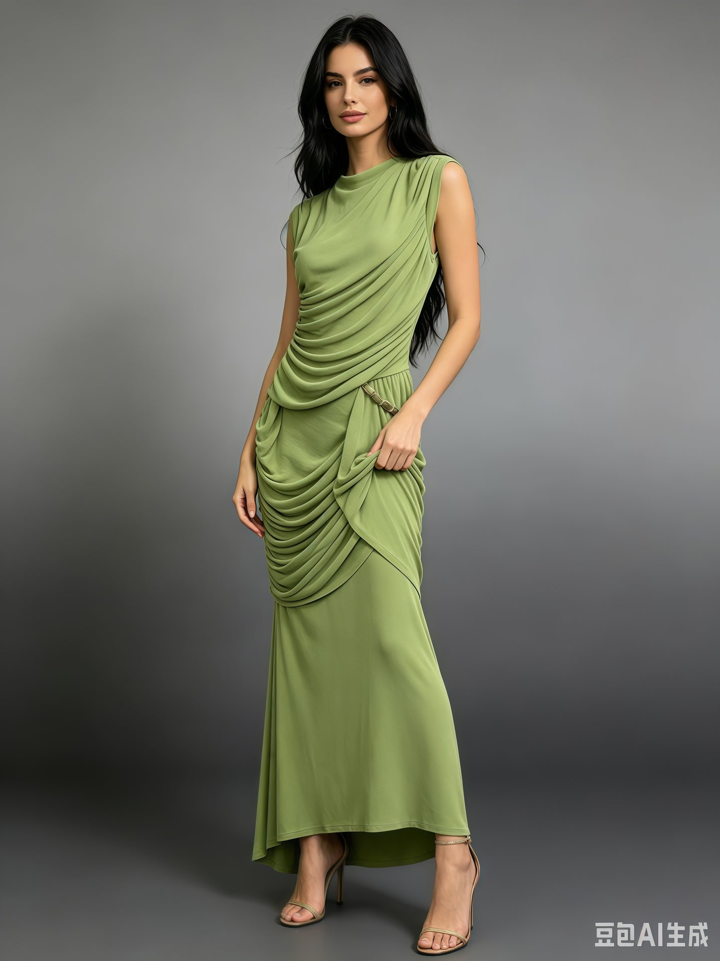 Green Round Neck Ruched Woven Dress