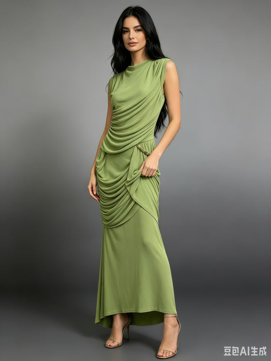 Green Round Neck Ruched Woven Dress