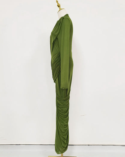 Green Ruched Long Sleeve Maxi Dress