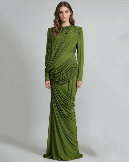 Green Ruched Long Sleeve Maxi Dress