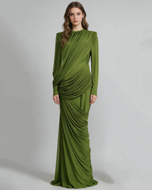 Green Ruched Long Sleeve Maxi Dress