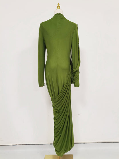 Green Ruched Long Sleeve Maxi Dress