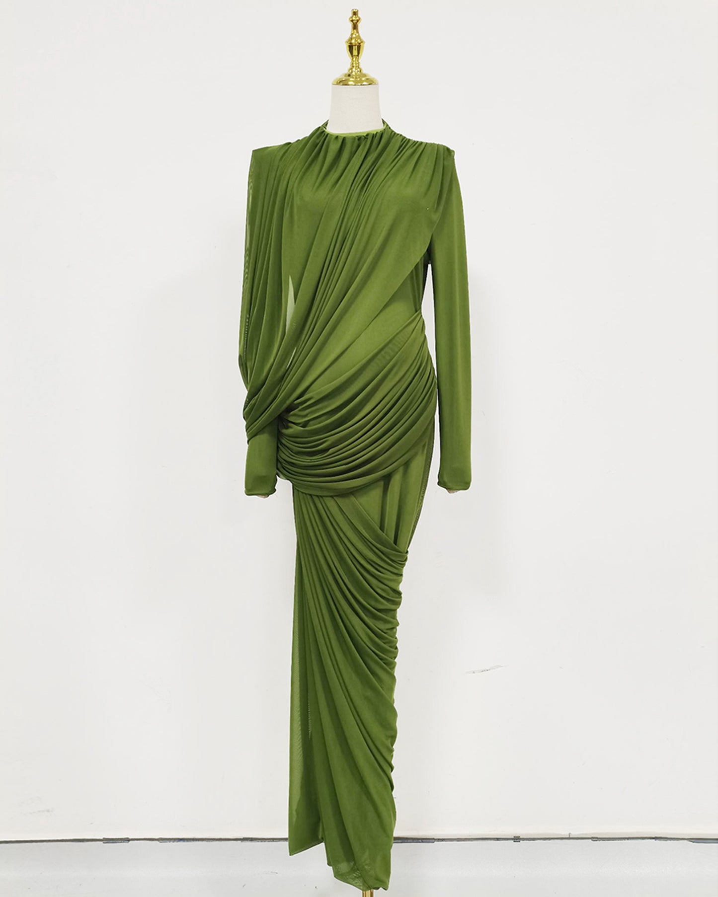 Green Ruched Long Sleeve Maxi Dress