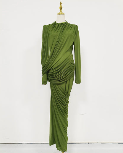 Green Ruched Long Sleeve Maxi Dress