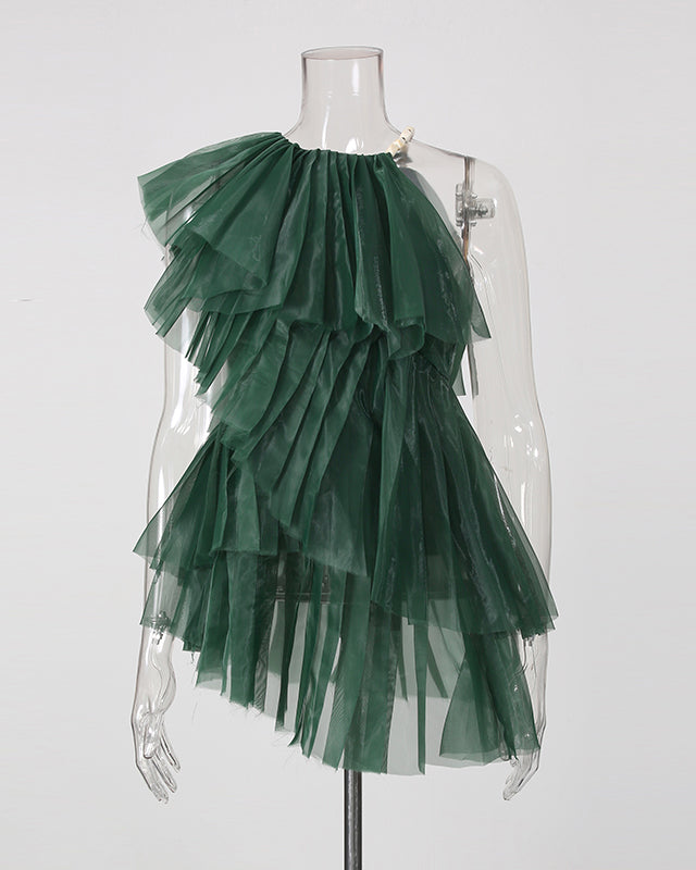 Green Ruched Mesh Multi-Layer Ruffle Top