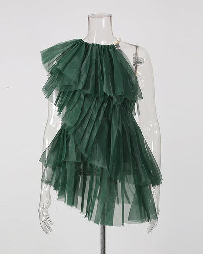 Green Ruched Mesh Multi-Layer Ruffle Top