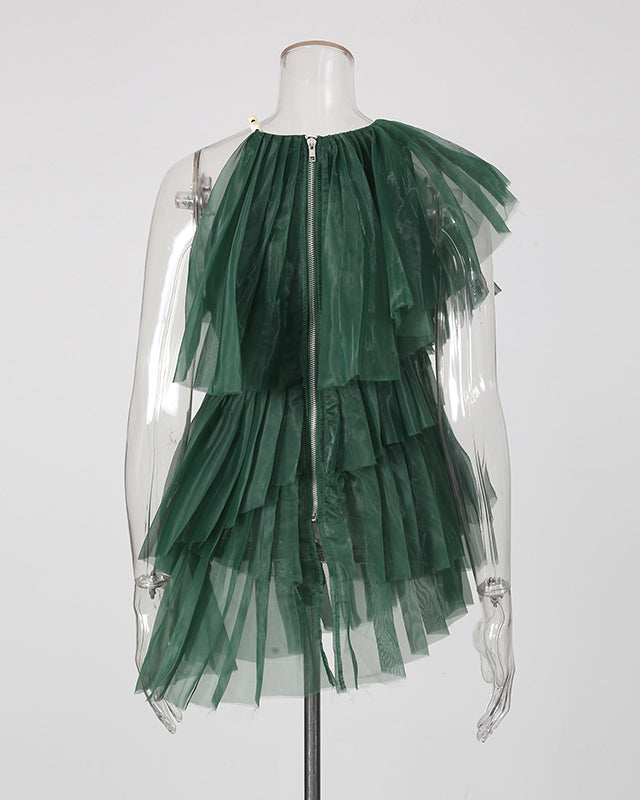 Green Ruched Mesh Multi-Layer Ruffle Top