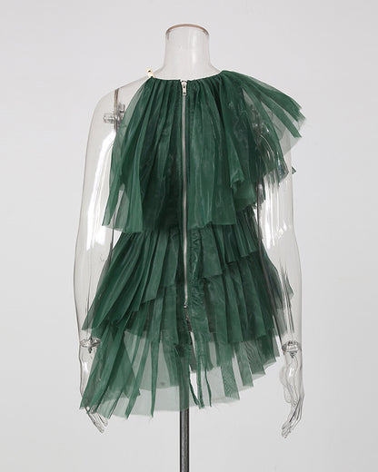 Green Ruched Mesh Multi-Layer Ruffle Top