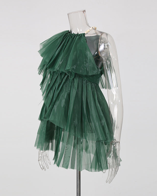 Green Ruched Mesh Multi-Layer Ruffle Top