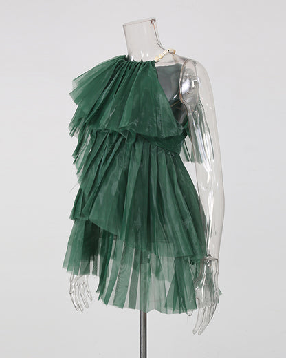 Green Ruched Mesh Multi-Layer Ruffle Top
