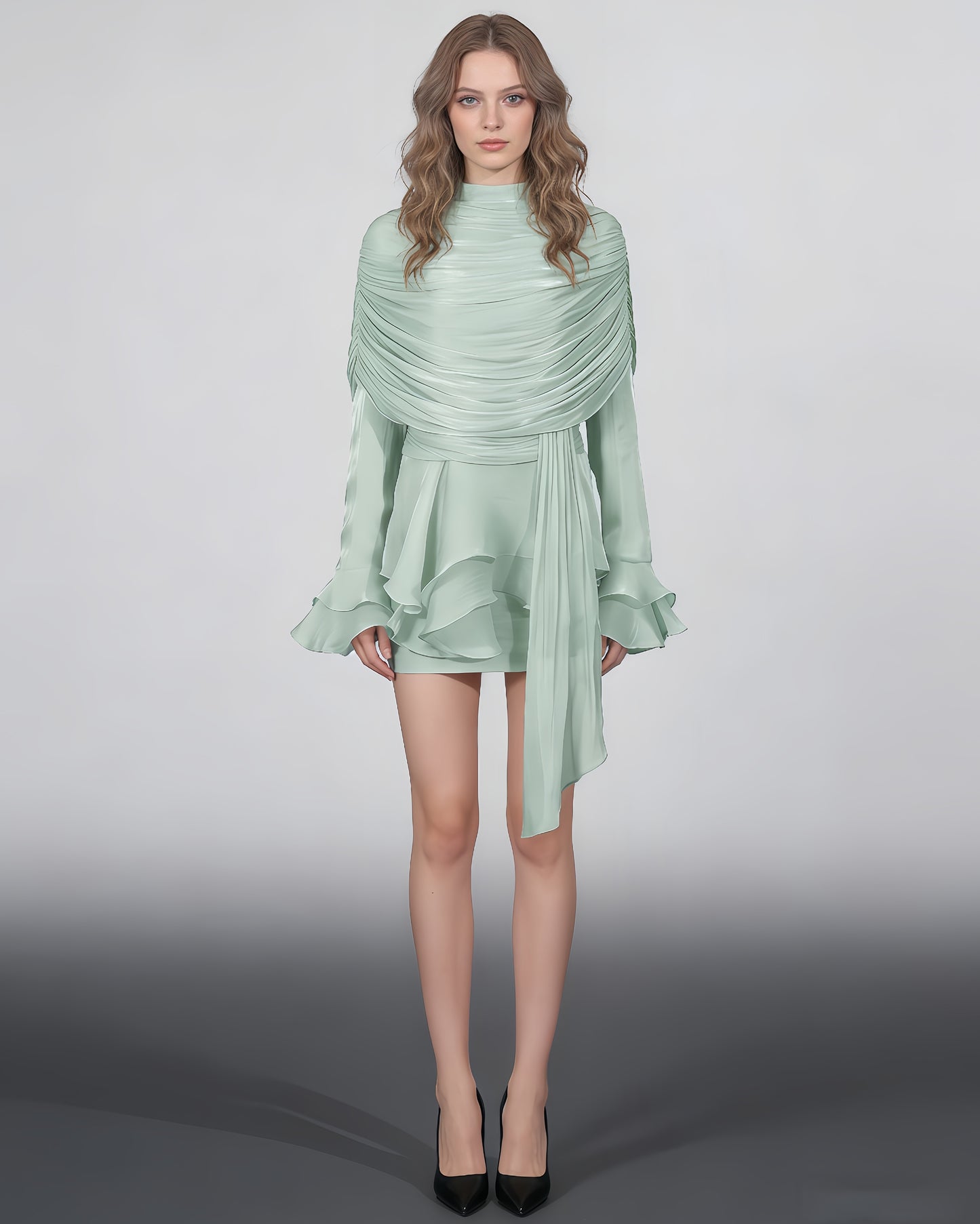 Green Ruched Ruffle Dress