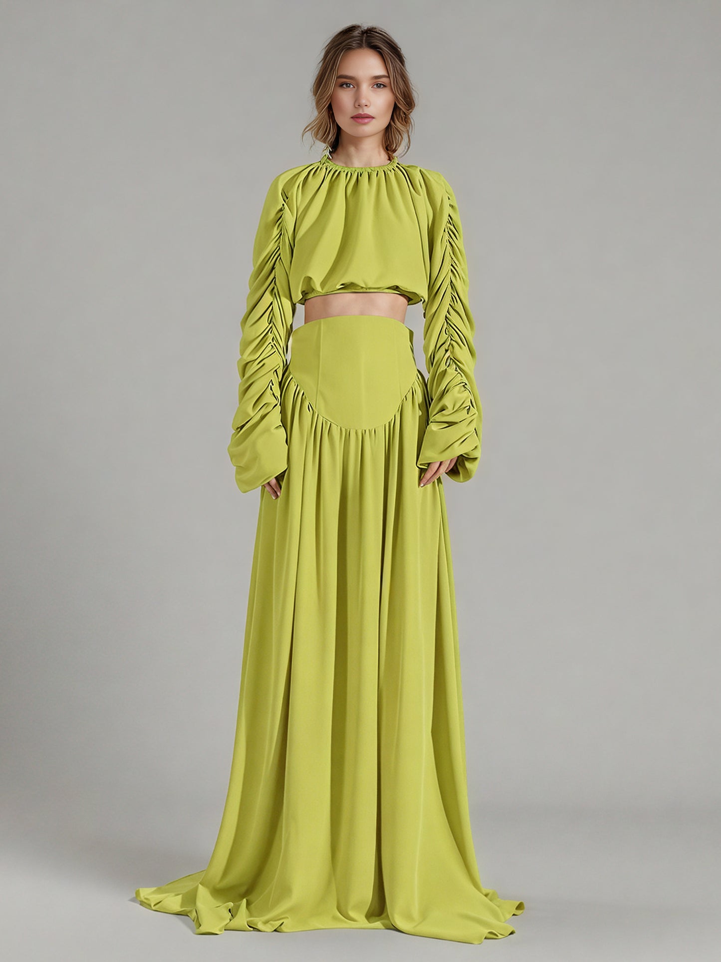 Green Ruched Sleeve Top & Maxi Skirt Two-Piece Set