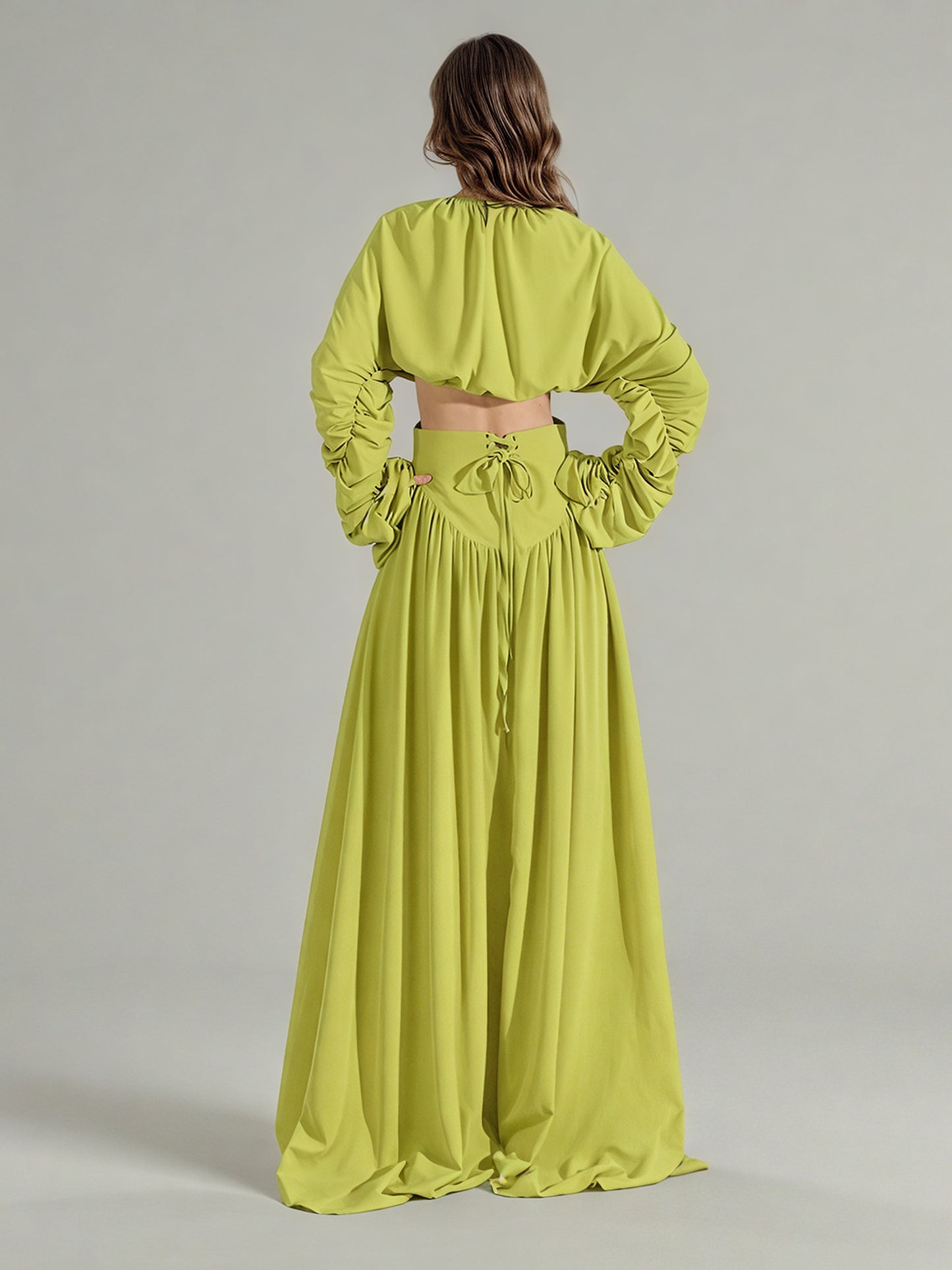 Green Ruched Sleeve Top & Maxi Skirt Two-Piece Set