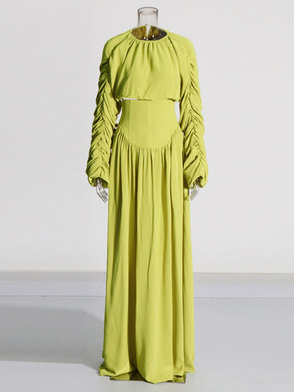 Green Ruched Sleeve Top & Maxi Skirt Two-Piece Set