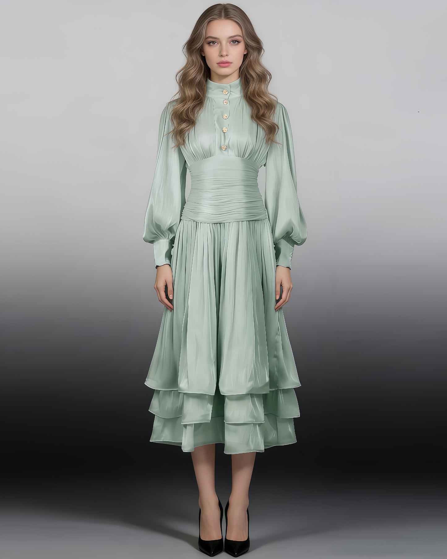 Green Ruched Waist Tiered Midi Dress