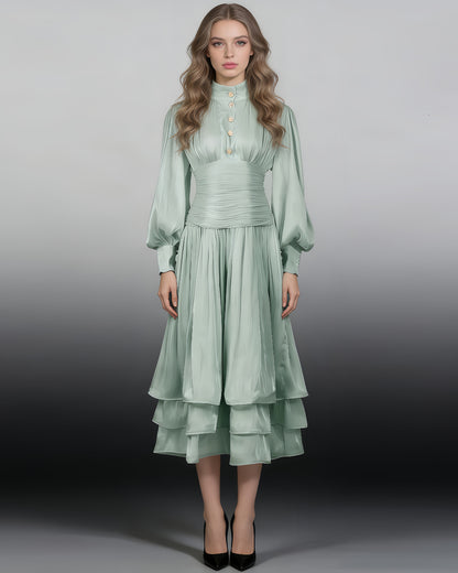 Green Ruched Waist Tiered Midi Dress