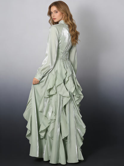 Green Ruffled Maxi Dress with High Neck & Tie Cuffs