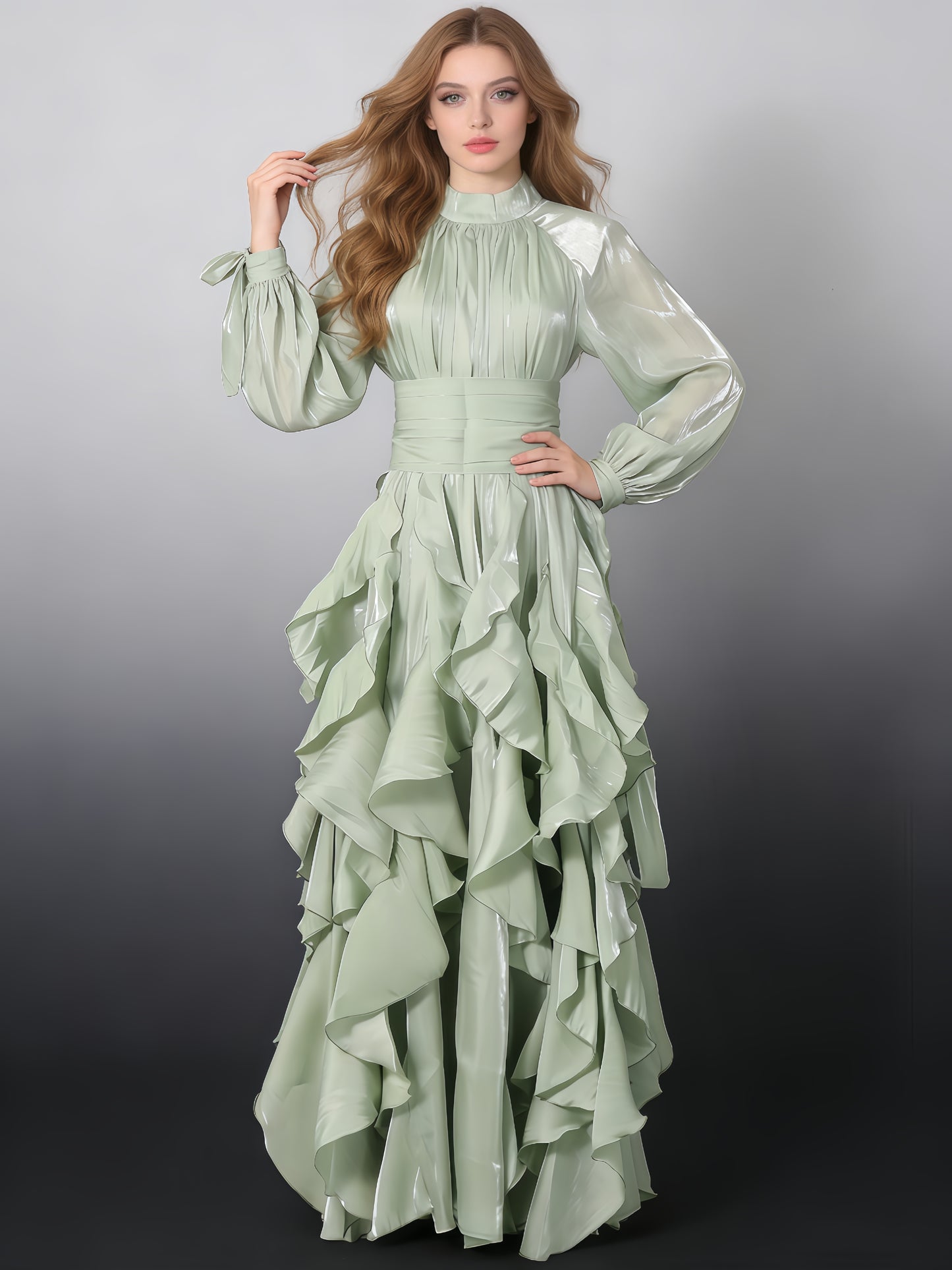 Green Ruffled Maxi Dress with High Neck & Tie Cuffs