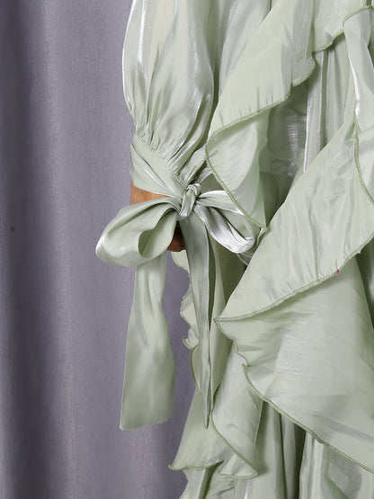 Green Ruffled Maxi Dress with High Neck & Tie Cuffs