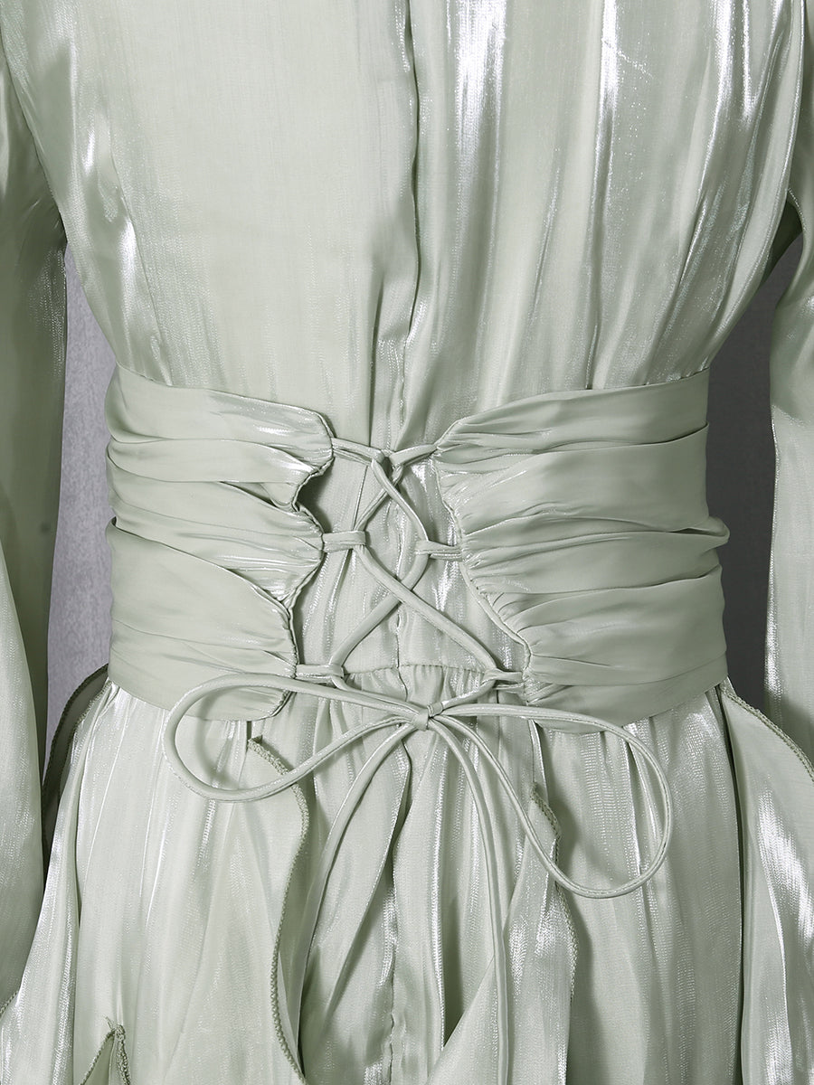 Green Ruffled Maxi Dress with High Neck & Tie Cuffs