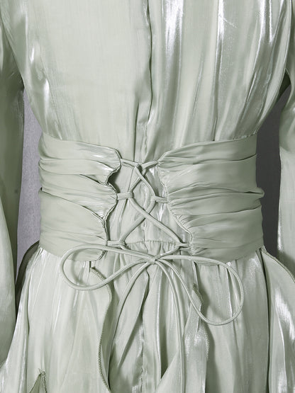 Green Ruffled Maxi Dress with High Neck & Tie Cuffs