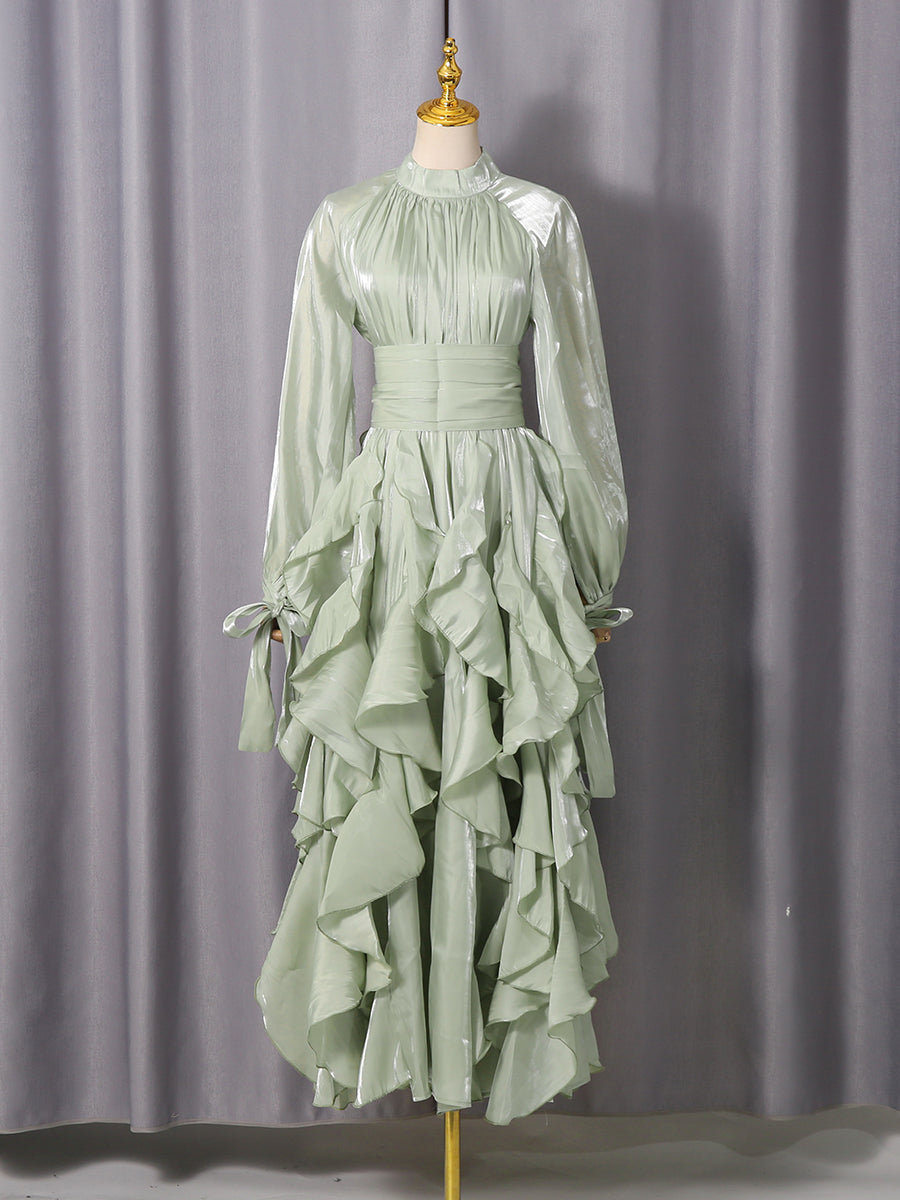 Green Ruffled Maxi Dress with High Neck & Tie Cuffs