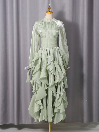 Green Ruffled Maxi Dress with High Neck & Tie Cuffs