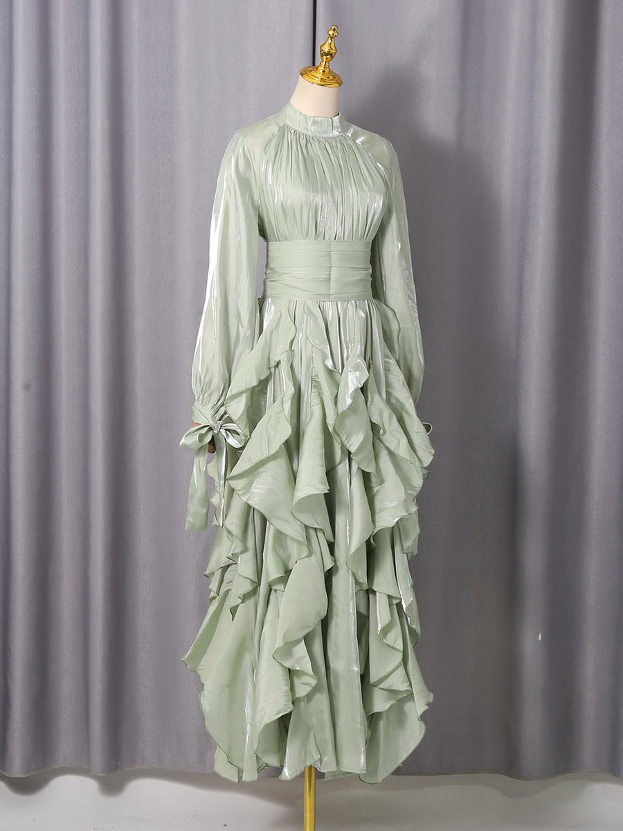Green Ruffled Maxi Dress with High Neck & Tie Cuffs