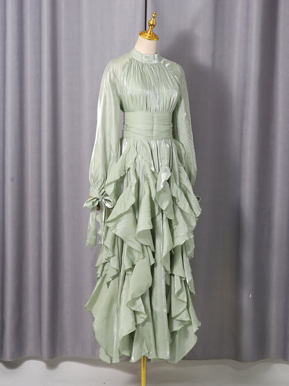 Green Ruffled Maxi Dress with High Neck & Tie Cuffs